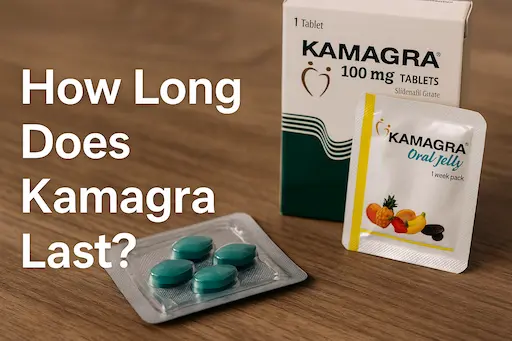Kamagra 100mg tablets and oral jelly sachet displayed on a wooden surface with text asking how long Kamagra lasts