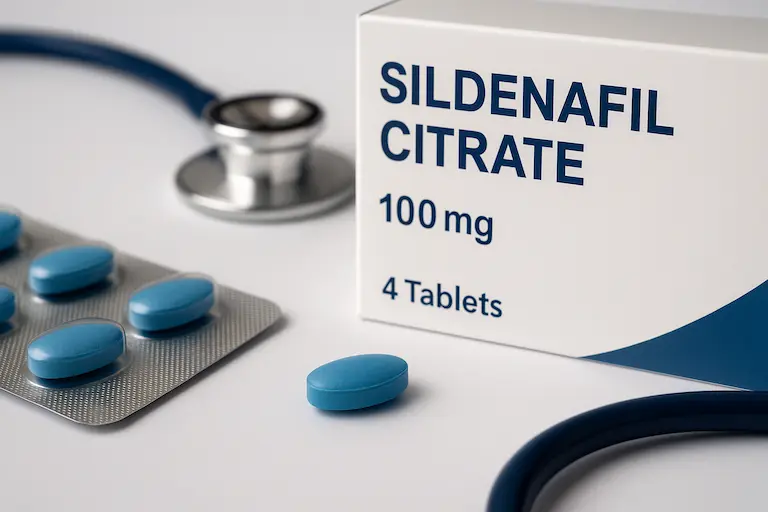 Close-up of sildenafil citrate tablets in blister packaging with a medical box labeled Sildenafil Citrate 100 mg and a stethoscope in the background.