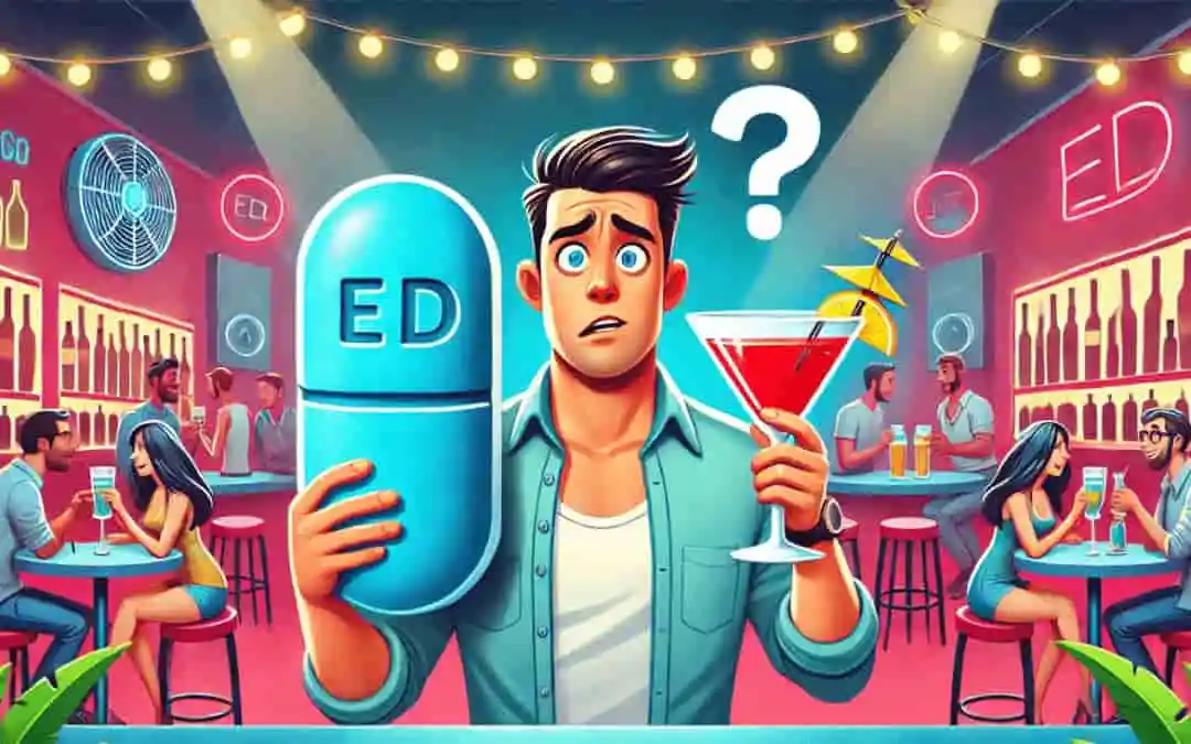 Man holding ED medication and a cocktail, looking unsure about mixing the two in a bar setting